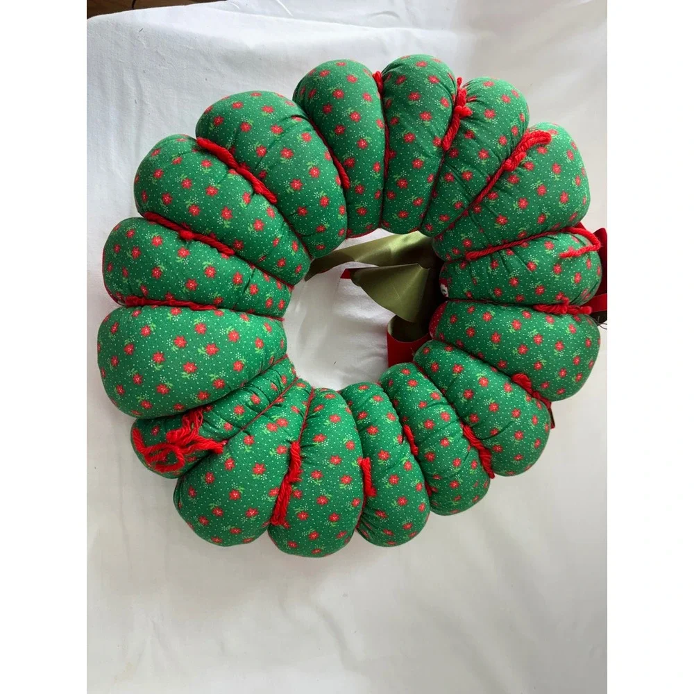 Handmade Quilted Christmas Decor Set Stuffed Wreath and Tabletop Tree Red Green
